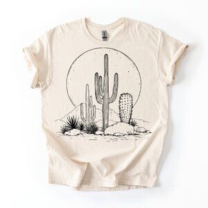Desert Sunset Cactus T-Shirt Women's Boho Graphic Tee Southwest Nature Top